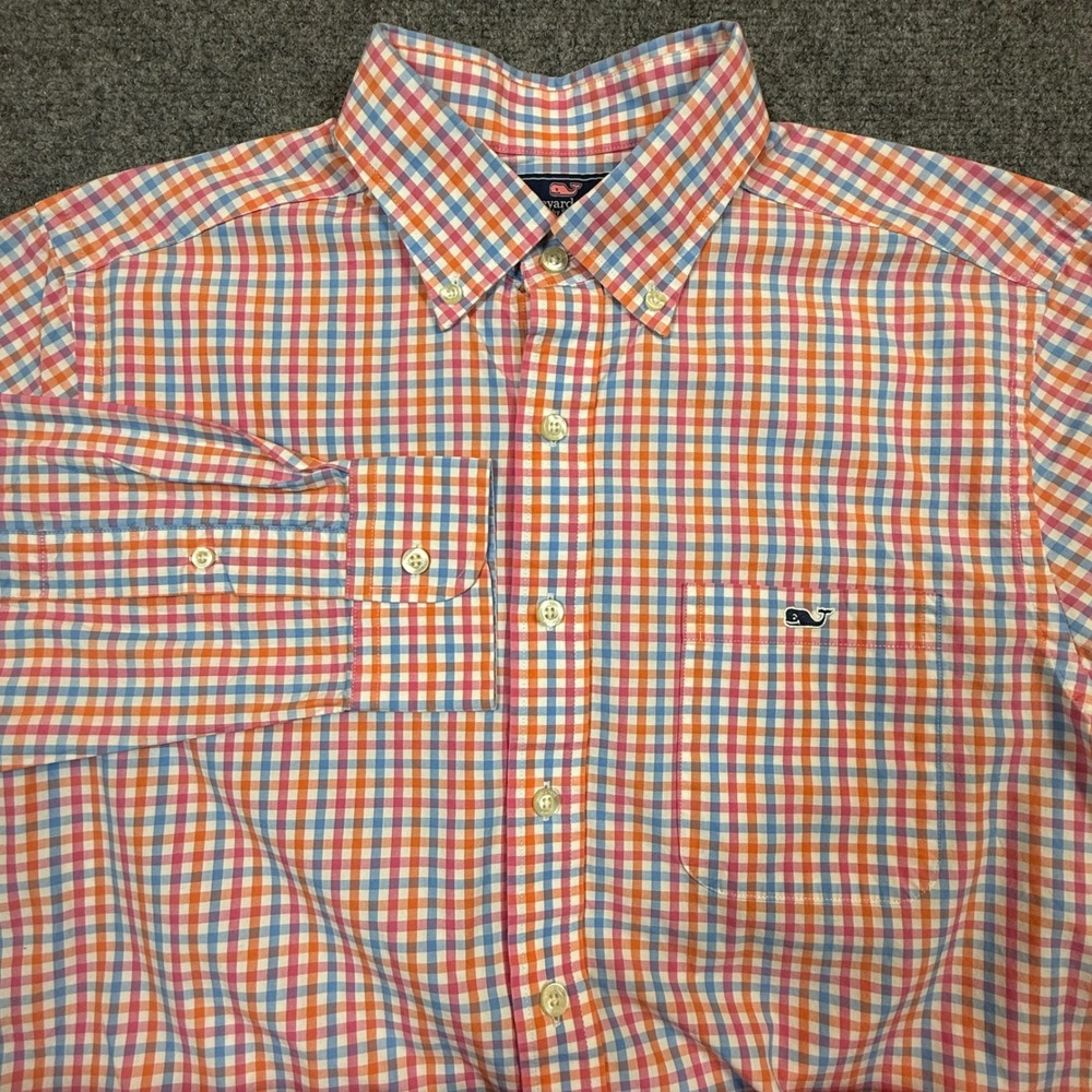 Vineyard Vines Slim Fit Tucker Shirt Mens Medium Orange Blue Gingham Button Down